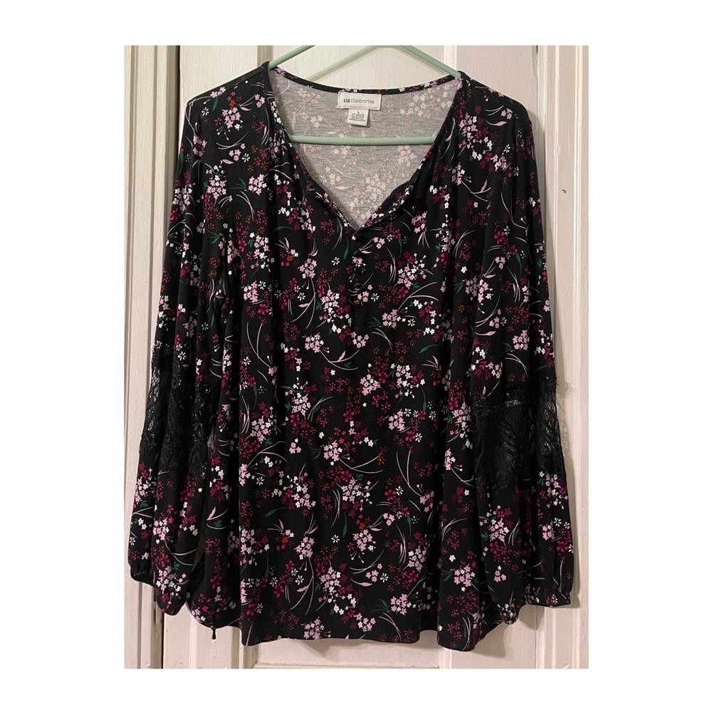 Liz Claiborne Black Floral V-Neck Blouse with Pink Accents